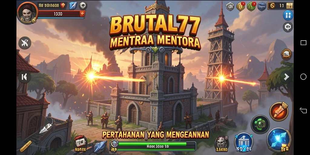 Tangkapan layar BRUTAL77 menampilkan aksi pertahanan menara yang mendebarkan.