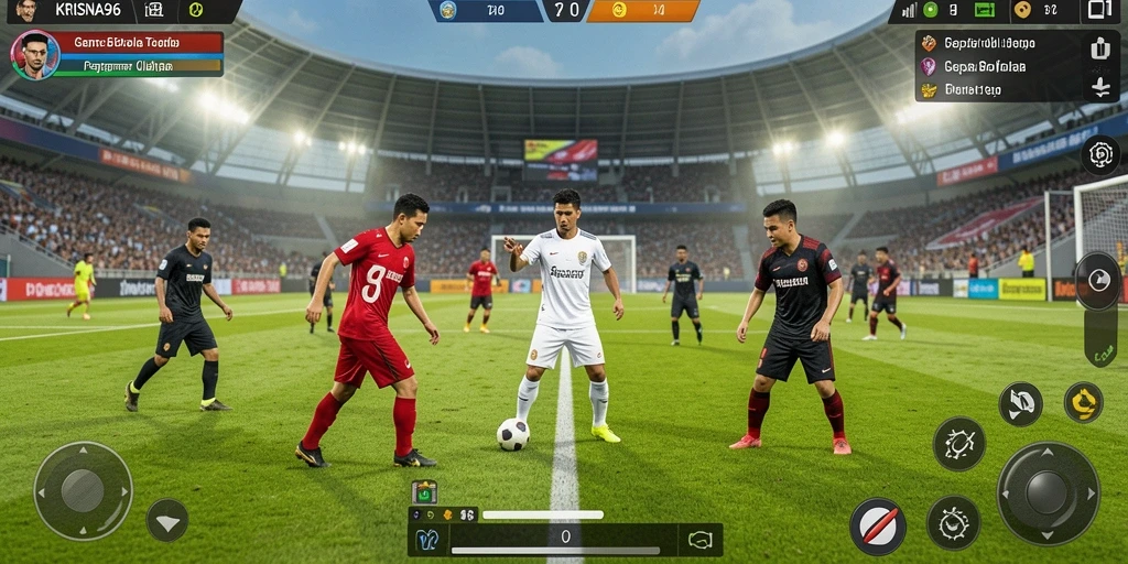 Tangkapan layar utama KRISNA96 menunjukkan aksi seru di lapangan sepak bola.