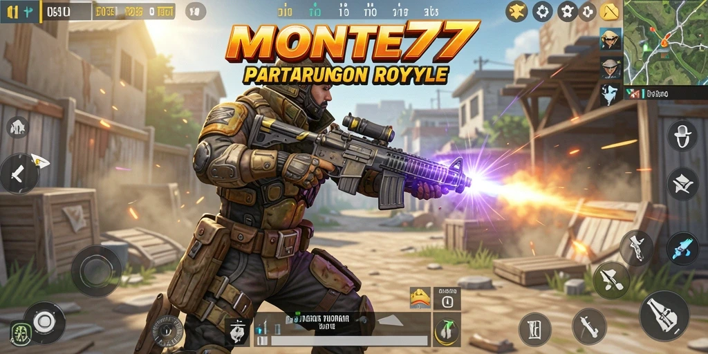 Screenshot gameplay MONTE77 menampilkan aksi pertarungan seru Battle Royale.