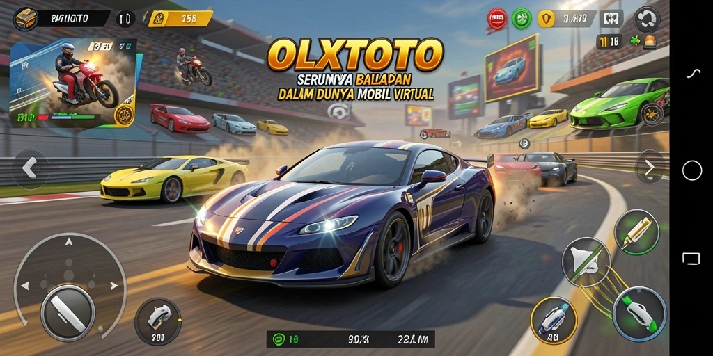 Gameplay <strong>OLXTOTO</strong> yang mendebarkan menampilkan mobil balap yang beraksi di lintasan.