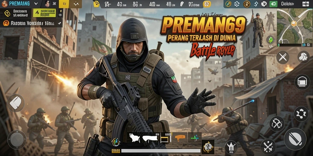 Tampilan utama gameplay PREMAN69 menonjolkan aksi Battle Royale seru.