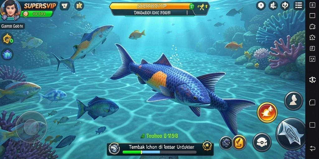 Screenshot gameplay SUPERSVIP menampilkan aksi menembak ikan yang menarik.