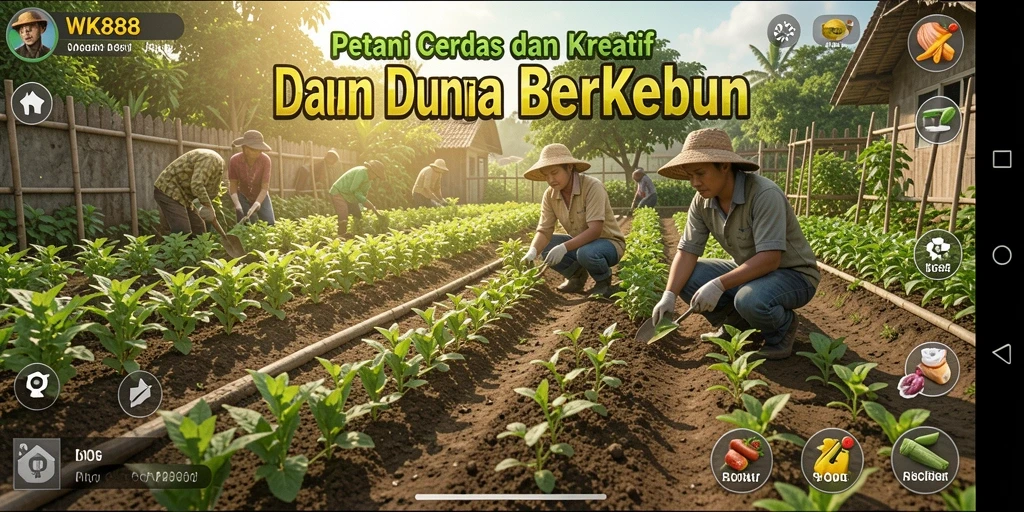 Tangkapan layar gameplay <strong>WK888</strong> menunjukkan petani mengelola ladang dan merawat tanaman.